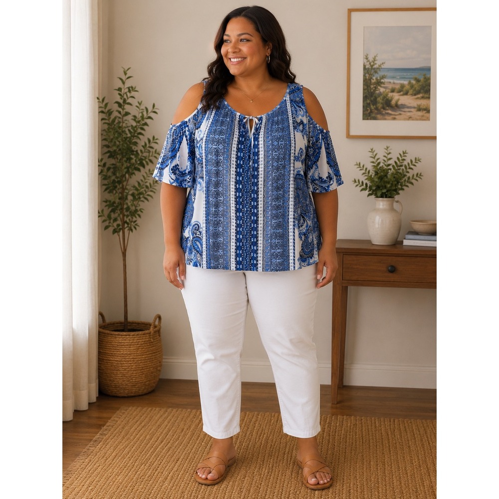 Roz & Ali Cold Shoulder Blouse Women 1X Blue Paisley Peasant Cottagecore Office